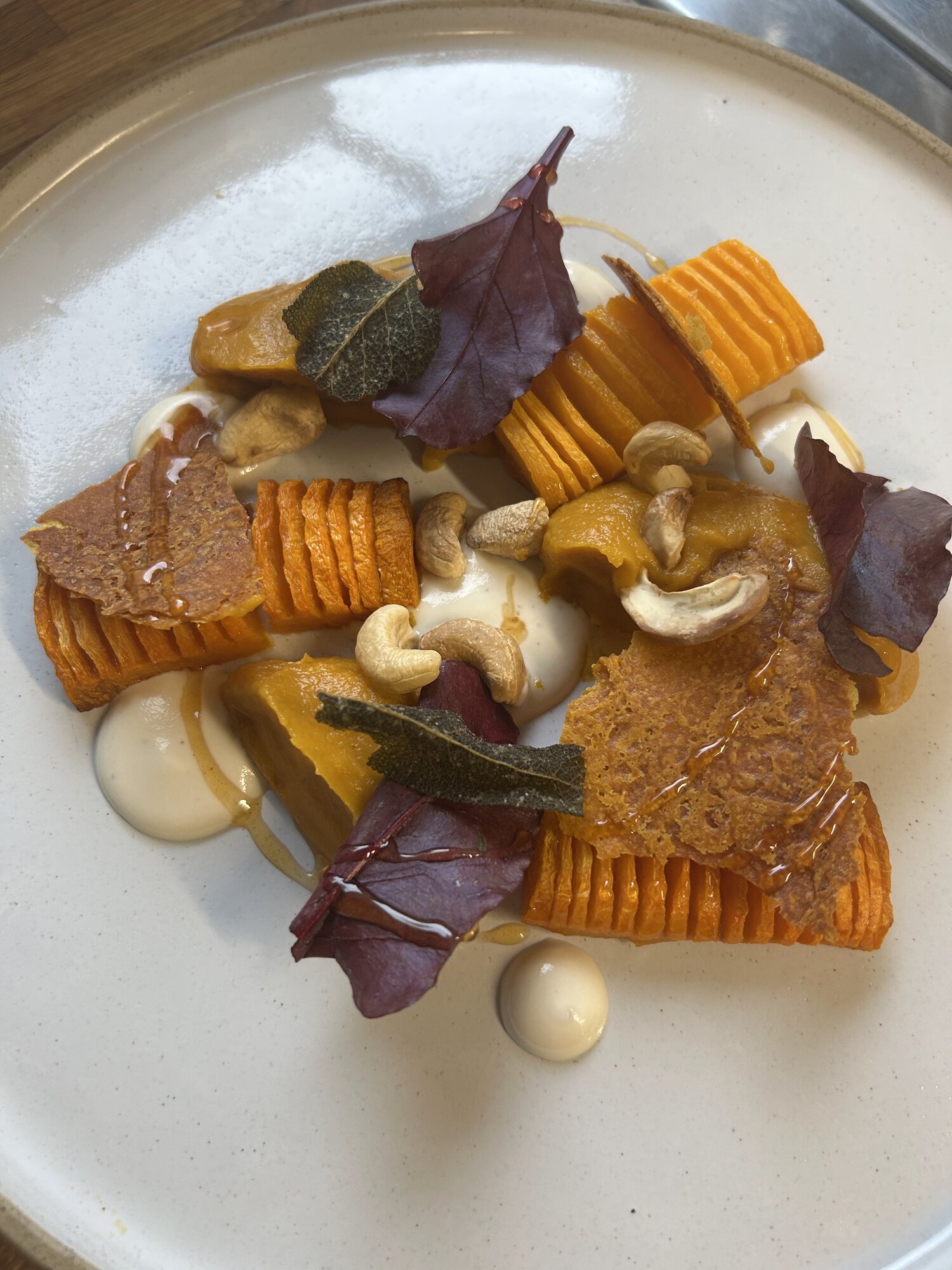 Roasted squash with cashew, crackling and brown butter
